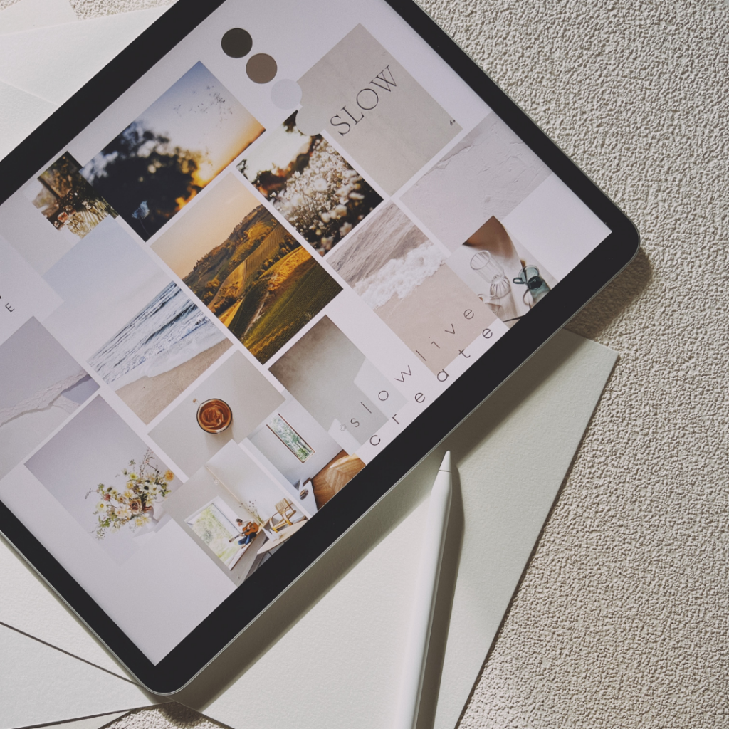 An ipad and apple pen laying flat with a neutral moodboard on the screen given by a brand strategist.